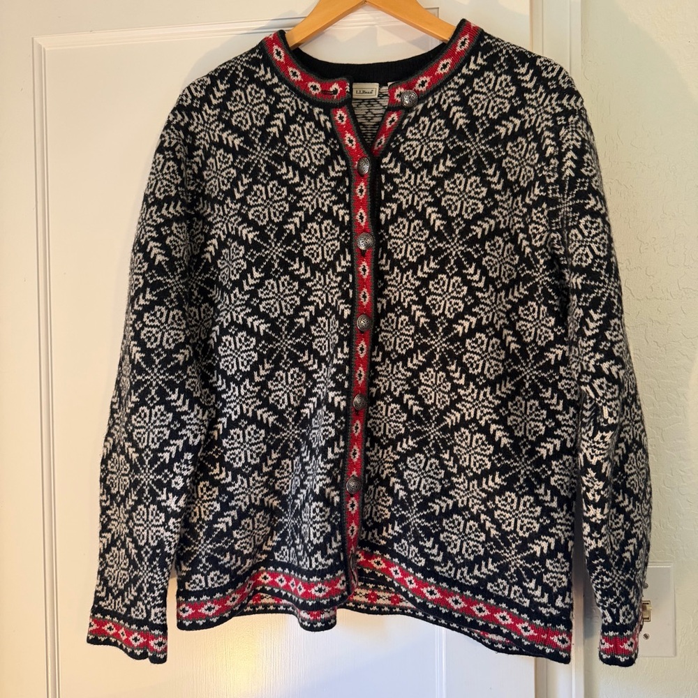 L.L. Bean Black and White Cardigan with Red Accents